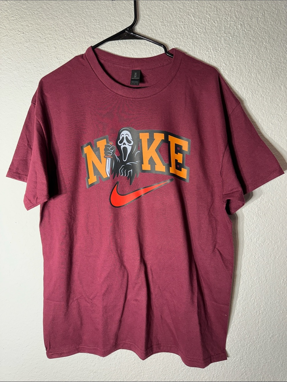 Gildan Ghostface Maroon Graphic Tee with Nike Swoosh Design